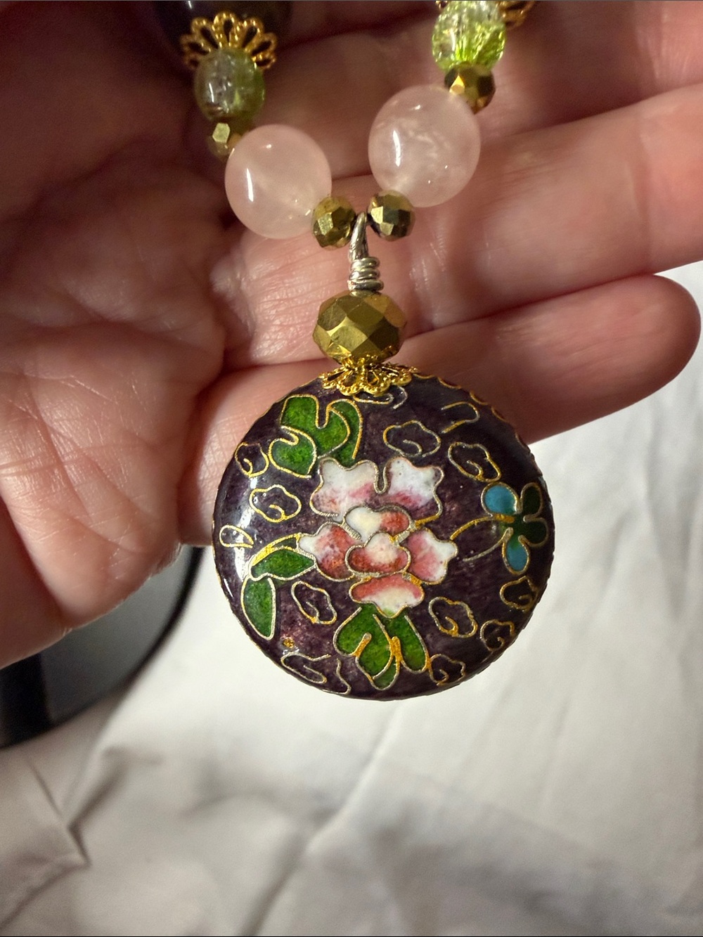 Floral Cloisonné Pendant Necklace w/Rose Quartz, and Glass - Picture 6 of 7